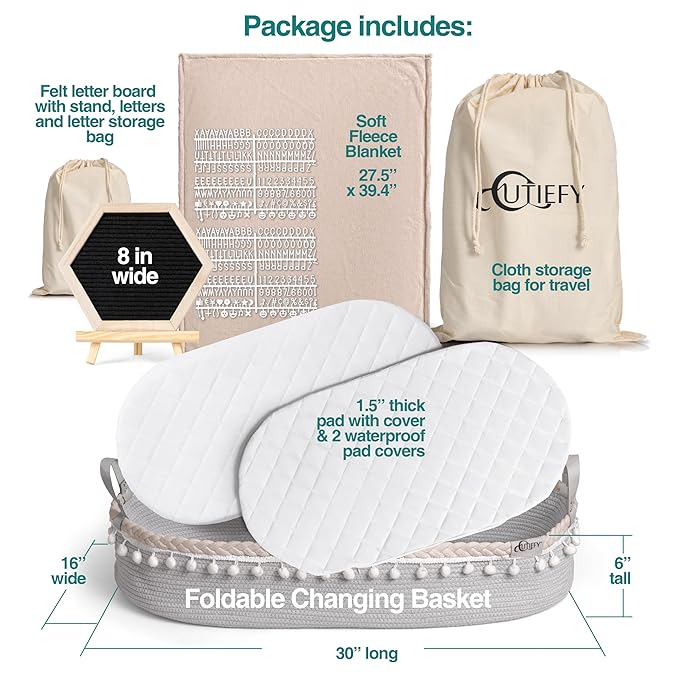 Baby Changing Basket - Portable Changing Pad for Dresser - Foldable Moses Basket for Babies - Includes Thick Pad, Felt Letter Board, Waterproof Pad Covers, Fleece Blanket, Cotton Carry Bag