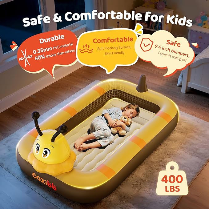 CoziBB Inflatable Toddler Travel Bed, Portable Travel Bed with Flocked Mattress, Built-in Pillow & Carry Bag, 4 Side Safety Bumpers for Toddlers-Cute Bee