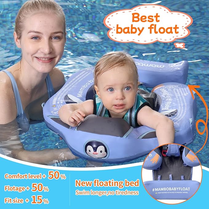 Mambobaby Float with Canopy and Tail New Upgraded Non-Inflatable Baby Pool Float Mambo Float Swim Trainer Solid Infant Swim Float Adjustable Pearl Foam Baby Swim Ring