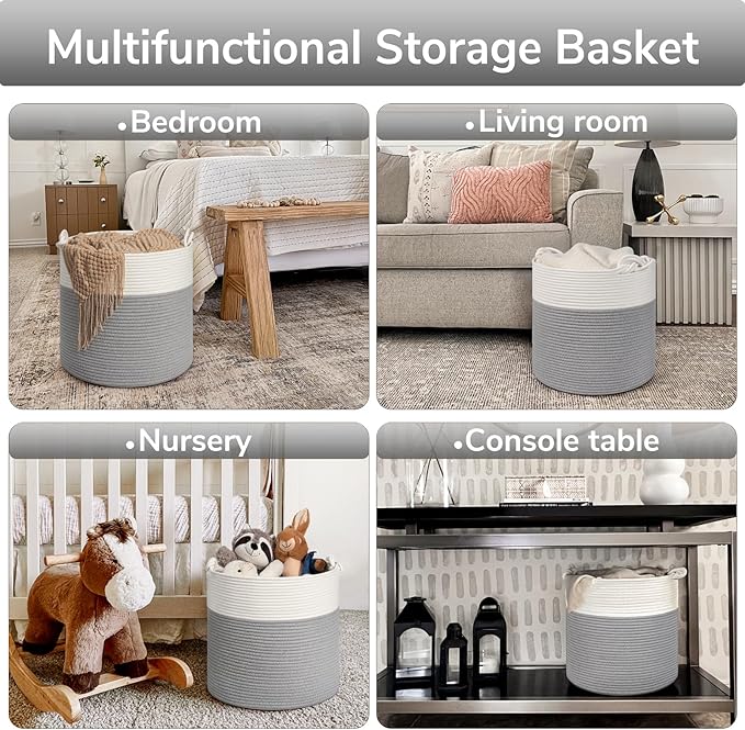 Goodpick Cotton Rope Storage Basket, 15 x 14.2 Inches Baby Laundry Baskets for Clothes, Toy Storage Blanket Basket With Handles for Living Room, Small Woven Baskets for Organizing Home Décor, Grey