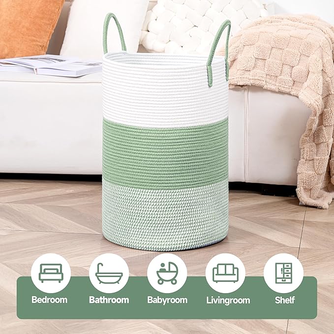 CLHMILY&Z 60L Laundry Basket Round Storage Rope Basket - 15x20.5 Inches - Green Hamper in Bedreoom and Cute Storage Bin for Blankets, Toys, and Nursery Essentials