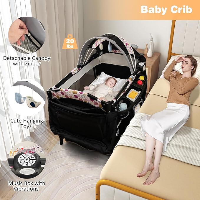 BABY JOY 4 in 1 Pack and Play, Portable Baby Playard with Bassinet & Flip-Away Changing Table, Canopy, Infant Bassinet with Storage Basket, Oxford Bag from Newborn to Toddlers (Circle)
