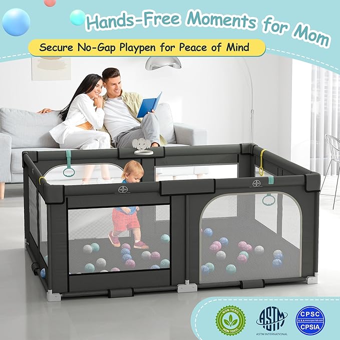 Tolead Foldable Playpen for Babies and Toddlers, 72" x 59" Extra Large Collapsible Play Pen with Basket, 4 Handlers & 50 Ocean Balls, Portable Travel Play Yard with Carry Bag, No Installation, Grey