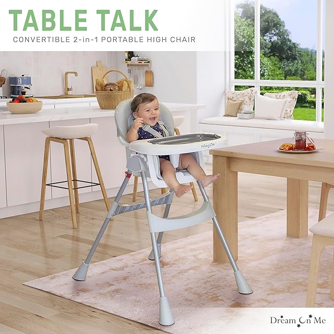 Dream On Me Portable 2-in-1 Tabletalk High Chair, Convertible Compact High Chair, Light Weight Portable Highchair, Grey