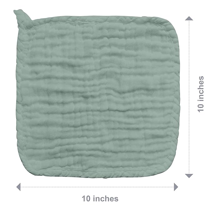 SWEET DOLPHIN 12 Pack Baby Muslin Washcloths - Soft Face Cloths for Newborn, Absorbent Bath Wash Cloths, Wipes, Burp Rag - Toddlers Essentials Stuff, Baby Registry as Shower -10"x10", Green