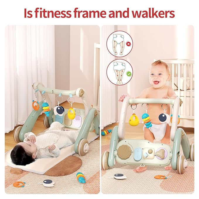 2 in 1 Baby Gym with Walker,Baby Play Mat with 4 Infant Learning Sensory,Double-Sided Multifunctional Removable Play Piano Panel,Sit-to-Stand Learning Walker for 0-24 Months Boy Girl [White]