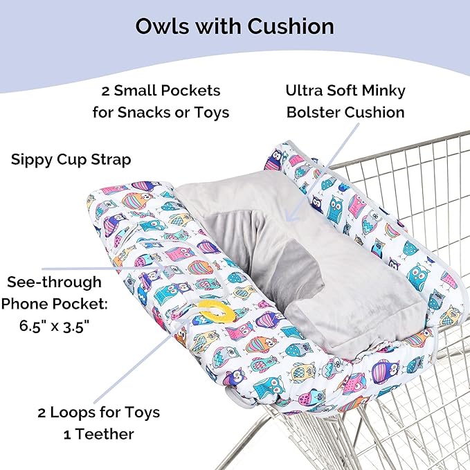 Suessie Shopping Cart Cover and High Chair Cover with Bolster Support Pillow (Owls with Cushion)