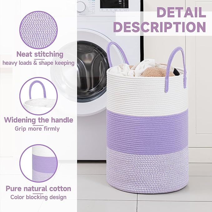 CLHMILY&Z 60L Laundry Basket Round Storage Rope Basket - 15x20.5 Inches - Lavender Hamper in Bedreoom and Cute Storage Bin for Blankets, Toys, and Nursery Essentials