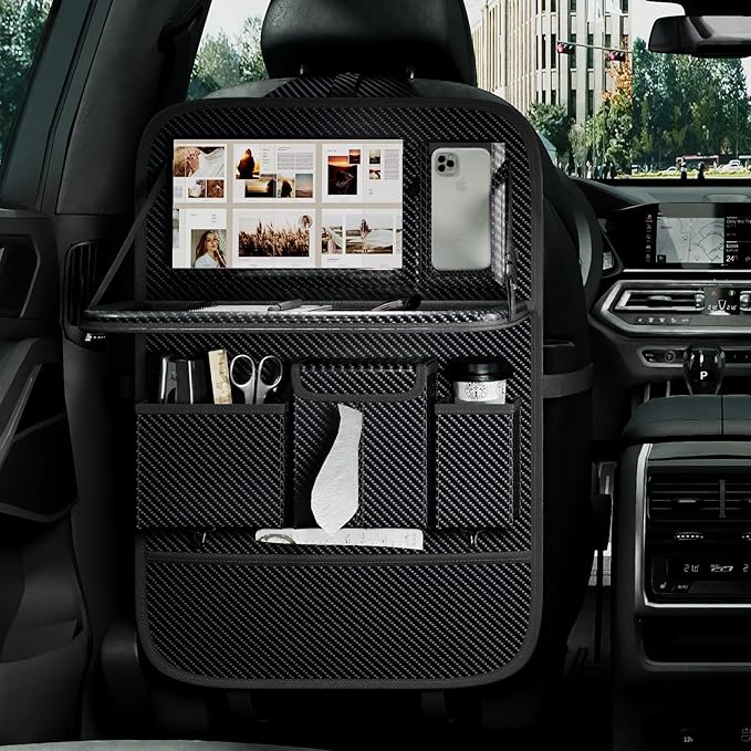 GMQ Back Seat Car Organizer 1 Pack,Backseat Organizer with Tray,Multifunctional Car Seat Back Storage Box with Foldable Tablet Holder (Carbon Black, Weave)