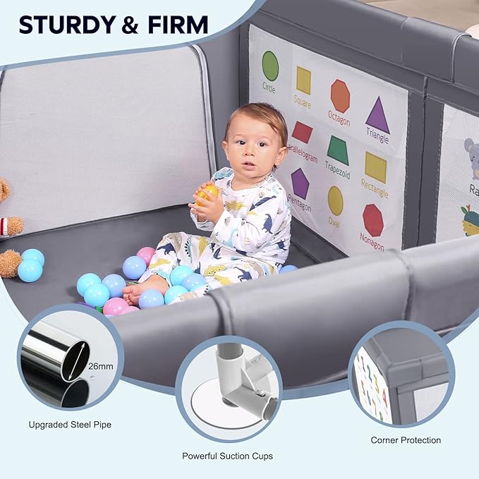 Baby Playpen for Babies and Toddlers, 71x60 Inches Thickening Tube Baby Playards Kids Activity Center with Anti-Slip Suckers Tear-Resistant Mesh