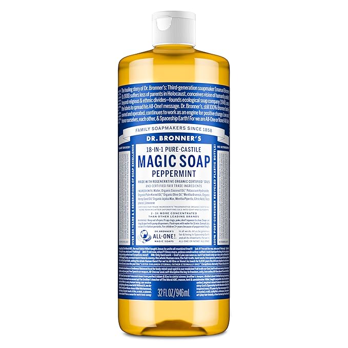 Dr. Bronner's Pure-Castile Magic Liquid Soap - Made with Regenerative Organic Certified Oils- 18-in-1 Uses for Face, Body, Hand, Hair, Laundry & More- Vegan, Non-GMO- Body Wash- Peppermint,32oz