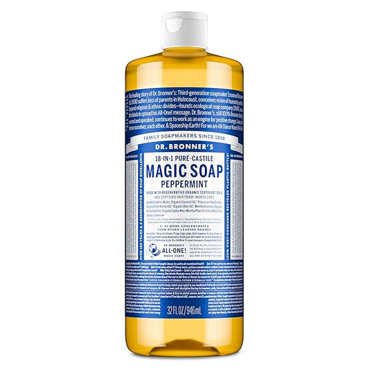 Dr. Bronner's Pure-Castile Magic Liquid Soap - Made with Regenerative Organic Certified Oils- 18-in-1 Uses for Face, Body, Hand, Hair, Laundry & More- Vegan, Non-GMO- Body Wash- Peppermint,32oz