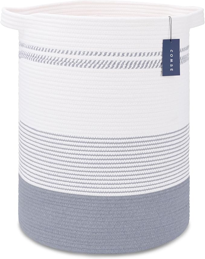 COMSE Extra Large Blanket Basket, Tall Laundry Basket, Nursery Hamper, 15.7”x 21.7”, Cotton Rope Woven Laundry Hamper for Storage Toys Clothes Towels, Light Gray & White