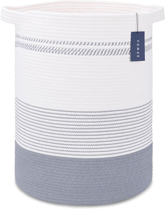 COMSE Extra Large Blanket Basket, Tall Laundry Basket, Nursery Hamper, 15.7”x 21.7”, Cotton Rope Woven Laundry Hamper for Storage Toys Clothes Towels, Light Gray & White