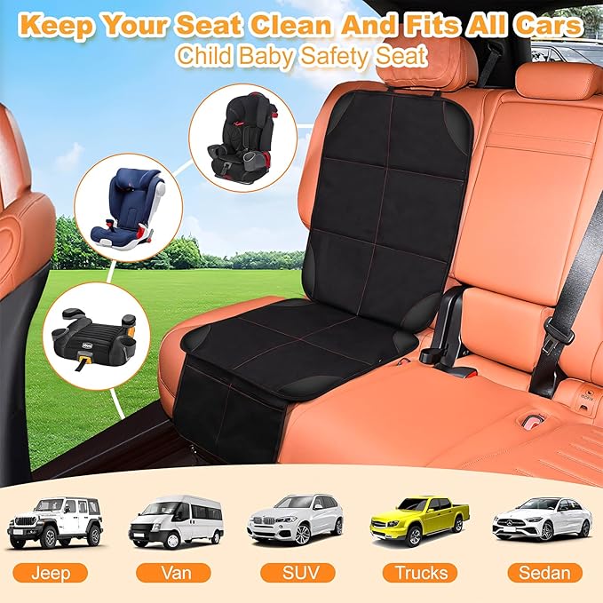 SMART ELF Car Seat Protector for Child Car Seat, 1Pack Car Baby Seat Protector with red line Design, Car Seat Mat with Non-Slip Bottom and 2 mesh Storage Pockets, Suit for Sedan, SUV, Trucks (Black)