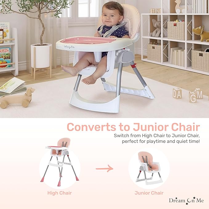 Dream On Me Portable 2-in-1 Tabletalk High Chair in Pink, Three Adjustable Height Settings, Lightweight Portable High Chair, Easy To Clean and Removable Tray