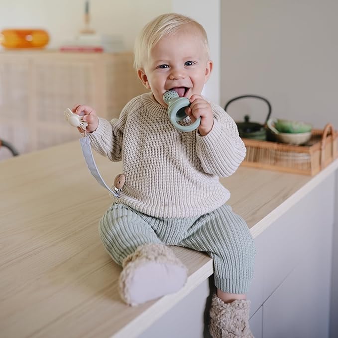 mushie Linen Baby Pacifier Clip Holder | Soft Fabric Strap, 2-Pack (Powder Blue/Deep Sea)