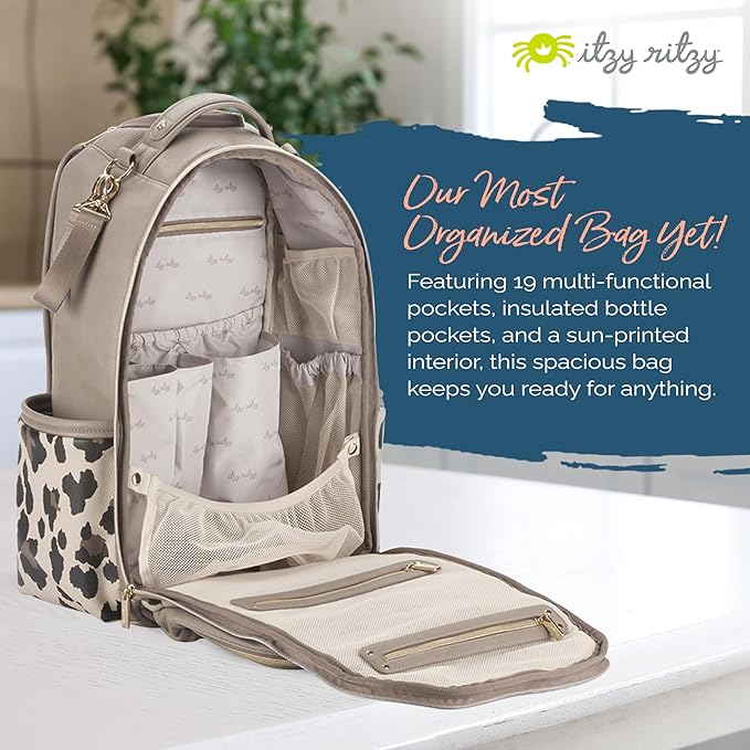 Itzy Ritzy Diaper Bag Backpack – Large Capacity Boss Plus Baby Backpack Diaper Bag Featuring 19 Pockets, Changing Pad, Stroller Clips, and Comfortable Straps (Leopard)