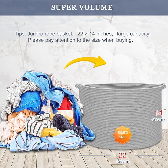 Extra Large Blanket Basket 87L, Laundry Hamper, Baby Nursery Hamper for Storage Toys Clothes Towels, Large Cotton Rope Laundry Basket for Girls Boys, 22”x 14”, Light Gray