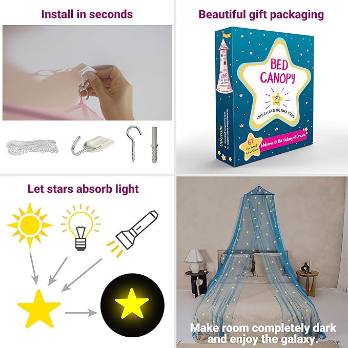 Blue Canopy for Girls Bed with Pre-Glued Glow in The Dark Stars - Princess Mosquito Net Room Decor - Kids & Baby Bedroom Tent with Galaxy Lights - 1 Opening Canopy Bed & Hanging Kit Included