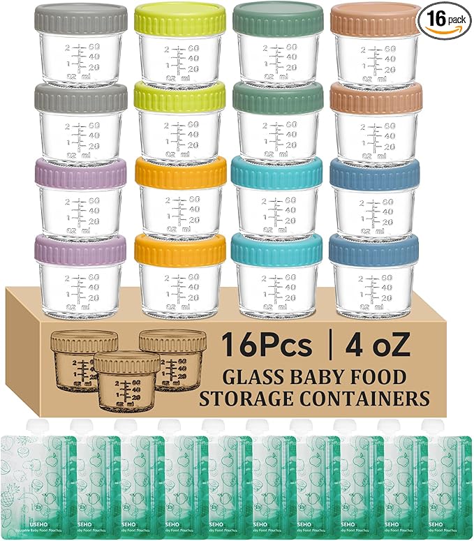 16 pcak Glass Baby Food Storage Containers & 10 Pack Reusable Baby Food Pouches Set, 4 oz Glass Jars with lids for Infant Baby Food,Freezer and Microwave Safe,100% Leak Proof,Reusable BPA Free（16）
