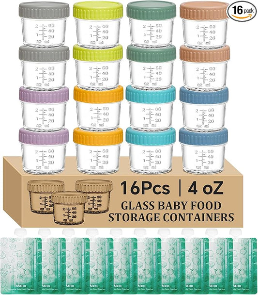 16 pcak Glass Baby Food Storage Containers & 10 Pack Reusable Baby Food Pouches Set, 4 oz Glass Jars with lids for Infant Baby Food,Freezer and Microwave Safe,100% Leak Proof,Reusable BPA Free（16）