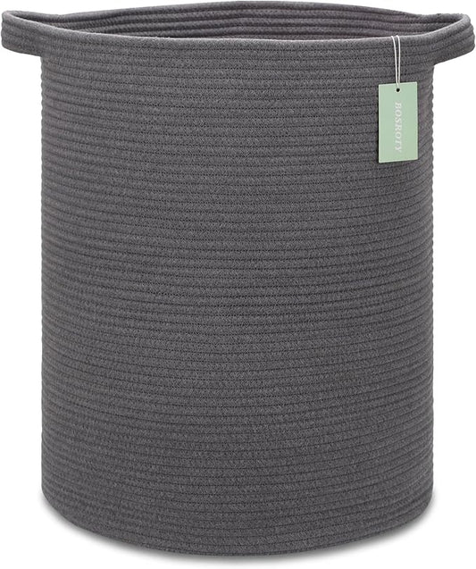 Large Cotton Rope Laundry Hamper 72L, Tall Baby Nursery Hamper, Woven Storage Basket for Living Room Bedroom, Laundry Basket for Storage Toys Clothes Towels, 16”x 22”, Dark Gray