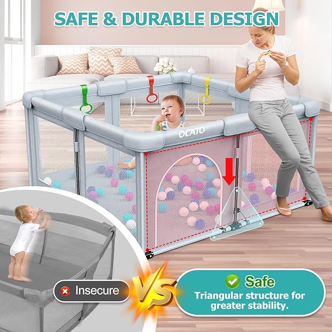 OCATO Baby Playpen: Foldable Playpen for Babies and Toddlers Large Play Pen Portable Playpen Fence Indoor Outdoor Kids Safety Area Travel Play Yard with 1 Storage Bags 4 Handlers 50 Balls (50" × 50")