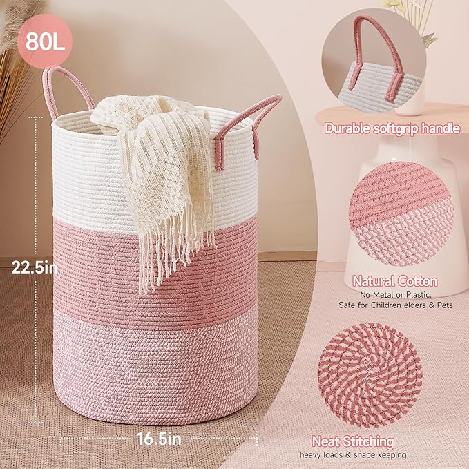 CLHMILY&Z 80L Laundry Basket Round Storage Rope Basket - 16.5x22.5 Inches - Pink Hamper in Bedreoom and Cute Storage Bin for Blankets, Toys, and Nursery Essentials