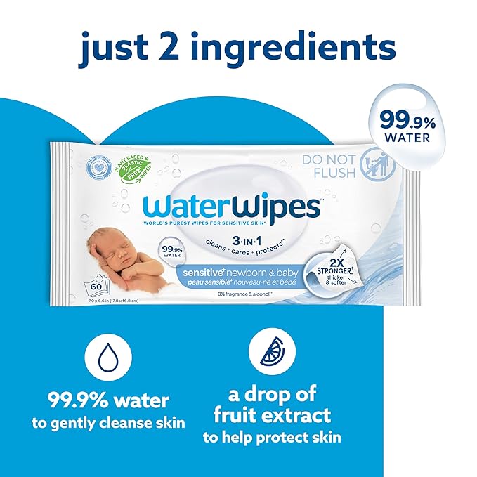 WaterWipes Sensitive+ Newborn & Baby Wipes, 3-In-1 Cleans, Cares, Protects, 99.9% Water, Unscented & Hypoallergenic, 60 Count