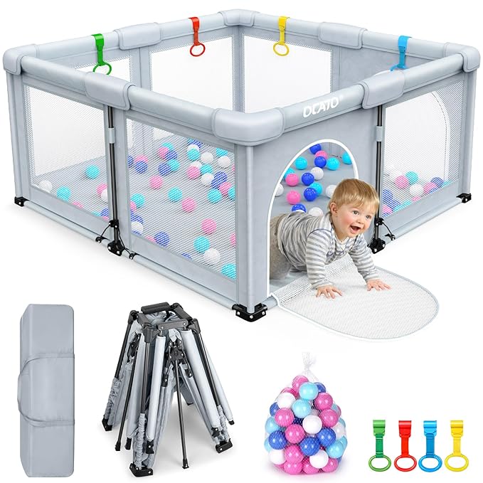 OCATO Baby Playpen: Foldable Playpen for Babies and Toddlers Large Play Pen Portable Playpen Fence Indoor Outdoor Kids Safety Area Travel Play Yard with 1 Storage Bags 4 Handlers 50 Balls (50" × 50")