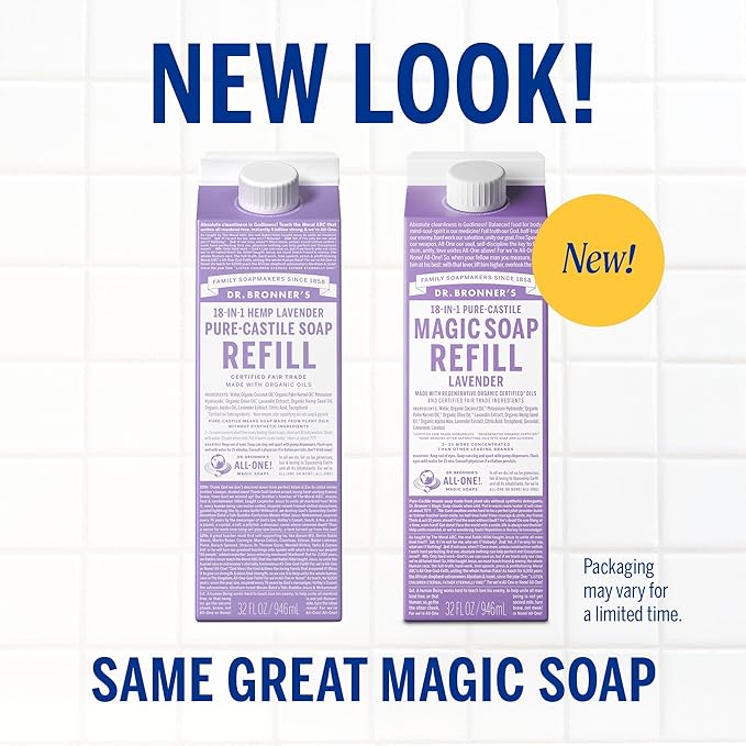 Dr. Bronner's Pure-Castile Liquid Magic Soap Bottle & Refill Carton - Made with Regenerative Organic Certified Oils, 86% Less Plastic per Quart - For Face, Body Wash, Hand Soap Refill- Lavender, 32oz