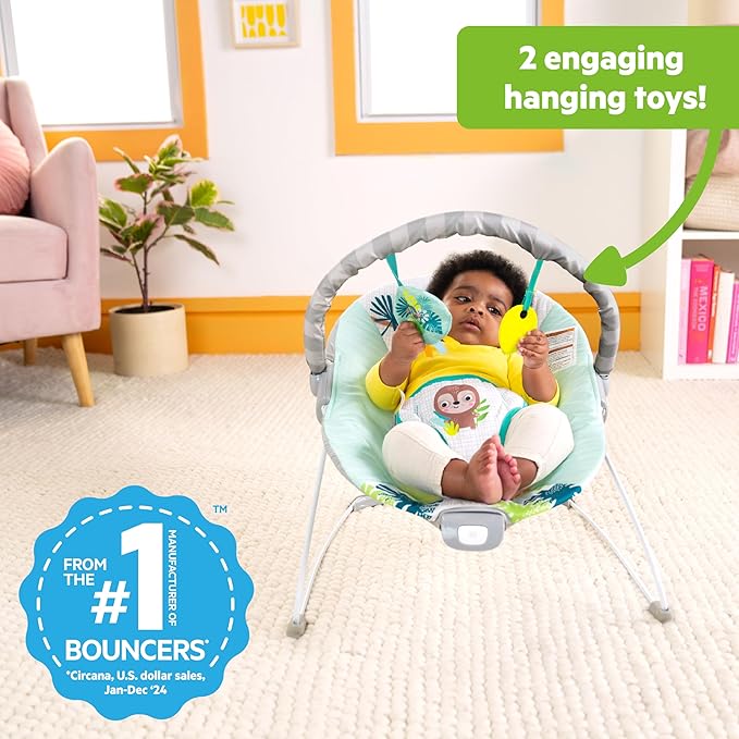 Bright Starts Wild Wonders Vibrating Baby Bouncer, Removable Toy Bar with 2 Toys, Nonslip Feet, 0-6 Months Up to 20 lbs