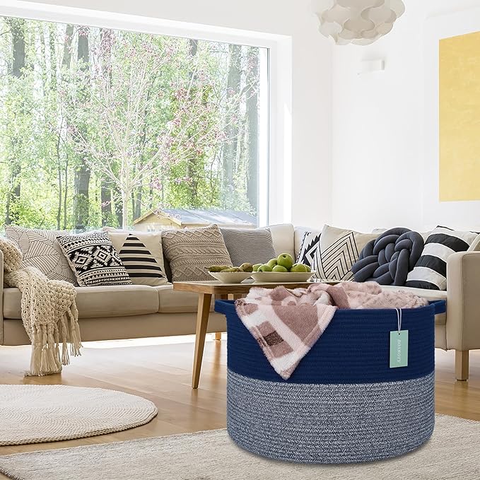 Extra Large Blanket Basket 87L, Laundry Hamper, Baby Nursery Hamper for Storage Toys Clothes Towels, Large Cotton Rope Laundry Basket for Girls Boys, 22”x 14”, Navy Blue