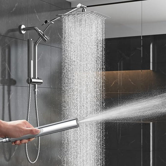 Veken 10" Luxurious All Metal Rain Shower Head with Handheld, High Pressure Rainfall Shower Heads wih Extension Arm, Wide Dual Showerhead with Spray Combo, Bathroom Accessories, Chrome, Silver