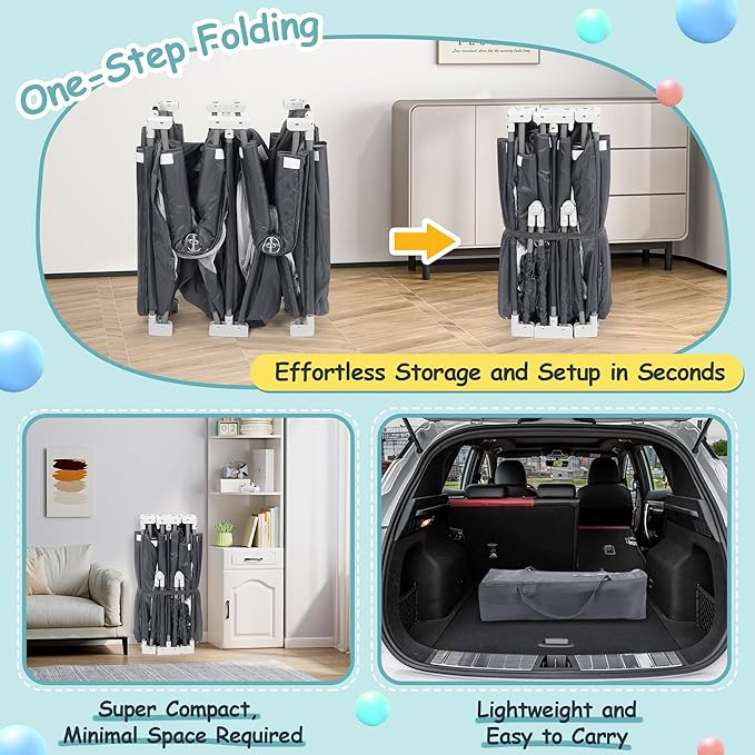 Tolead Foldable Playpen for Babies and Toddlers, 72" x 59" Extra Large Collapsible Play Pen with Basket, 4 Handlers & 50 Ocean Balls, Portable Travel Play Yard with Carry Bag, No Installation, Grey