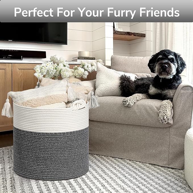 Goodpick Baby Storage Basket, Cotton Rope Laundry Basket for Blankets, Clothes 15 x 14.2 Inches, Nursery Woven Storage Organizing for Toys, Grey