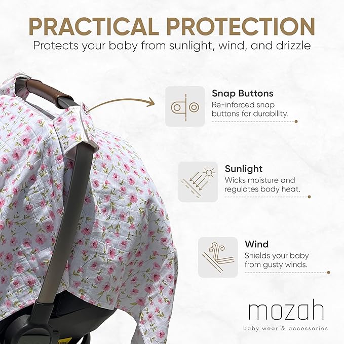 MOZAH Baby Car Seat Cover - Pink Floral Leaves - 100% Organic Muslin - Soft, Breathable and Lightweight, Baby Infant Car Seat Essentials