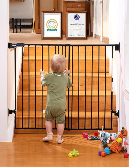 Babelio Baby Gate for Stairs, Kitchen & Doorways, 26-41" W 34" H Extra Tall| No Bottom Bar| Easy Installation| One-Handed Operation| Auto-Close| Hardware Mount Safety Dog/Pet Gate Indoor (Black)