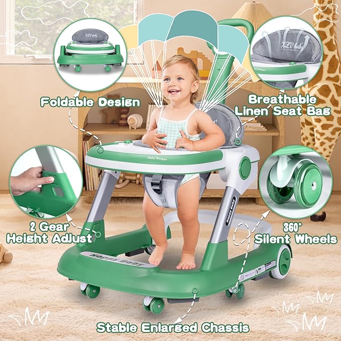 Baby Walker with Wheels 5 in 1 Foldable Activity Center with Mute Wheels Adjustable Heights Anti-Fall Push Walkers for Boys Girls Safe Infant Toddler Walker with Footrest for 6-24 Months