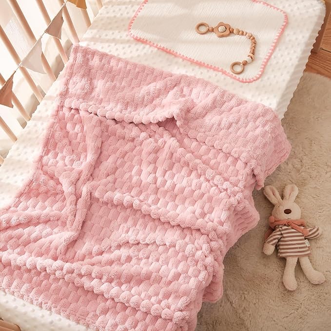 HOMRITAR Baby Blanket for Boy Girls 3D Jacquard Fluffy Toddler Blankets Soft Warm Cozy Flannel Fleece Warm Bed Blanket Nursery, Stroller Newborn Infant Bedding, 30 x 40 Inch (Light Pink)