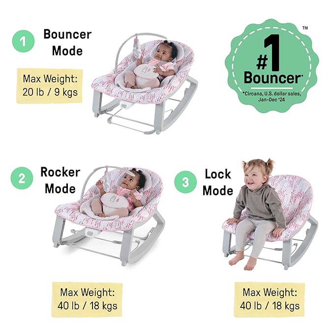 Ingenuity Keep Cozy 3-in-1 Grow with Me Vibrating Baby Bouncer Seat & Infant to Toddler Rocker, Vibrations & Toy Bar, 0-30 Months Up to 40 lbs (Pink Lily)