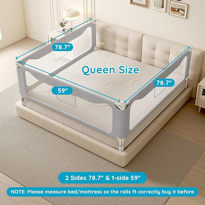 Queen Size Toddler Bed Rail: 3-Side Protection Bedrail for Queen Bed - Extral Tall Adjustable Child Safety Side Railing Guards for Infants Kids Child(78.7x78.7x59”)