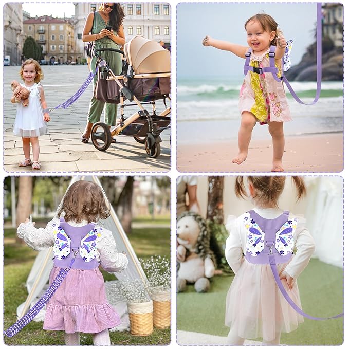 Accmor Toddler Harness Leash, Cute Butterfly Kids Leash + Anti Lost Wrist Link for Outdoor Travel, Mini Child Walking Harness Wristband Assistant Strap Belt for Baby Girls (Purple)