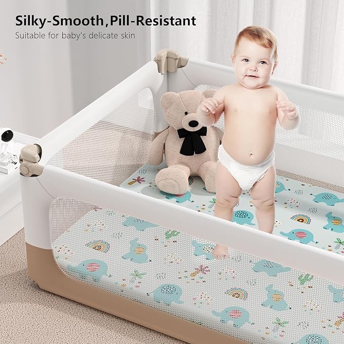 Pack N Play Sheets Fitted, 2-Pack Fit for Standard Pack N Play Mattress, Mini Crib Sheets,Breathable Soft Unisex Playard Sheets (Dumbo & Green)