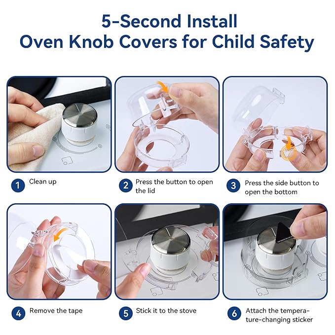 Stove Knob Safety Covers, 5Pcs Universal Size with 5 Heat Alert Stickers Oven Knob Covers for Child Safety, 2nd Gen Kitchen Burner Childproofing, Gas Stove Knob Locks for Kid Baby Pet (Clear)