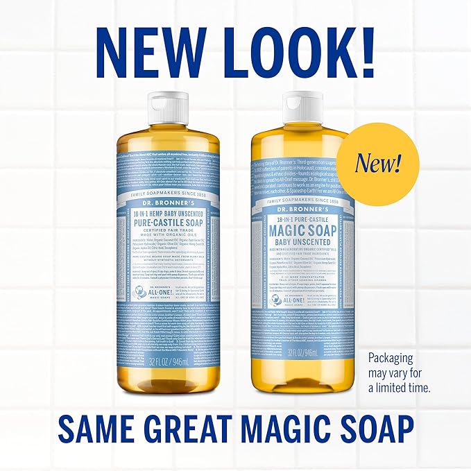 Dr. Bronner's Magic Soap-Pure-Castile Liquid Soap (Baby Unscented, 32 ounce, 2-Pack)-Regenerative Organic Certified Oils, 18-in-1 Uses: Body, Laundry & Dishes, For Sensitive Skin, No Fragrance