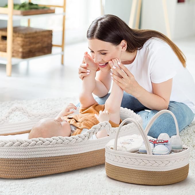 Baby Changing Basket by The Baby Wey, Moses Basket, Foam Basket Pad, 2 Washable Waterproof Pad Covers, Matching Diaper Caddy, Cloth Tote Bag for Traveling, Portable Changing Pad