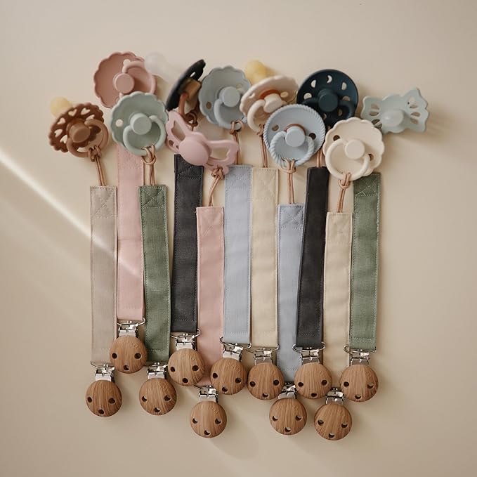 mushie Linen Baby Pacifier Clip Holder | Soft Fabric Strap, 2-Pack (Olive/Shifting Sand)