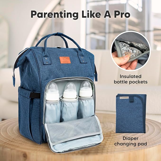 KeaBabies Baby Diaper Bag Backpack - Large Baby Bag for Boys, Girls, Waterproof Multi Function Travel Diaper Backpack with Changing Pad, Durable Travel Essentials for Moms and Dads (Navy Blue)